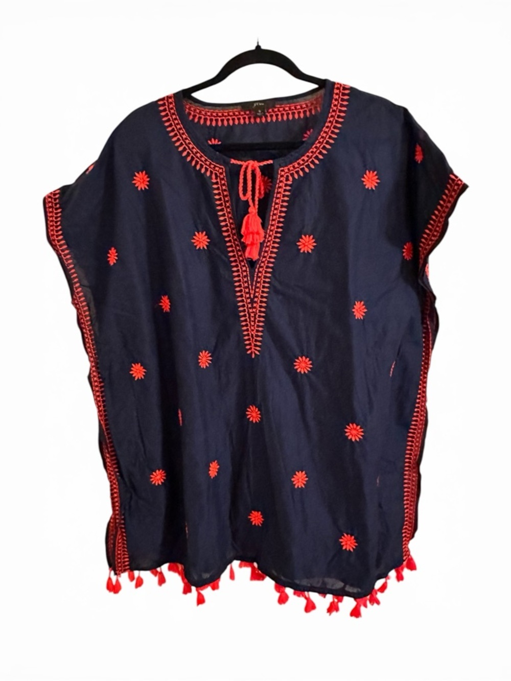 J. Crew Navy Blue Embroidered Tassel Poncho Kaftan Top Swim Cover Up Small